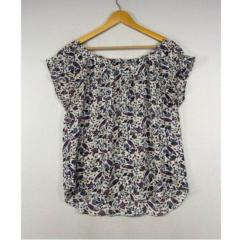 Boho LC Lauren Conrad Women Large White Paisley Floral Cap Sleeve Blouse Top